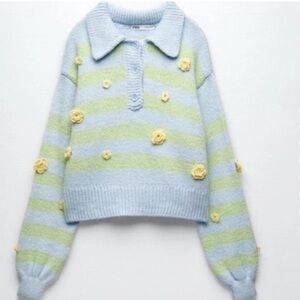 zara jacquard light blue and green striped sweater with yellow knit flowers